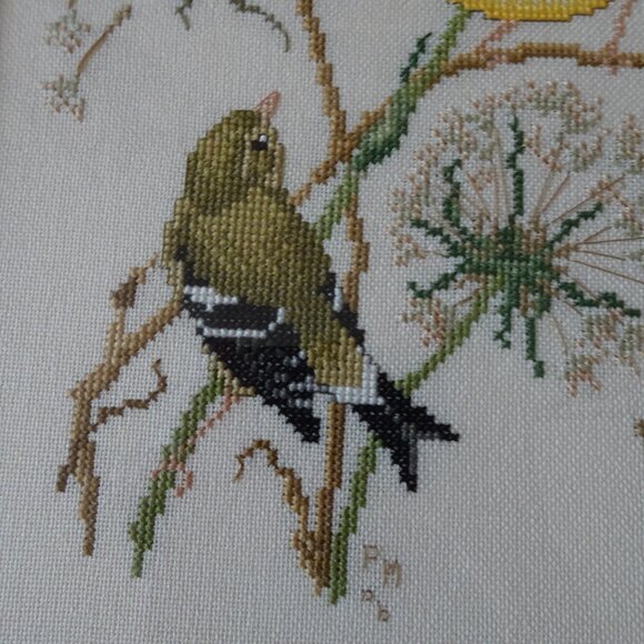 Vintage Framed Bird Embroidery Cross Stitch Canary Design 10"x13" Yellow Green - Picture 5 of 10